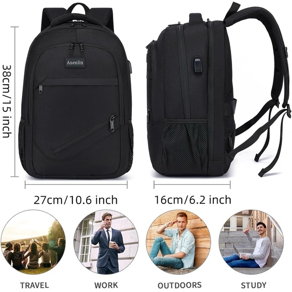 Black Men's Backpack with USB Charging Port - Picture 5 of 8